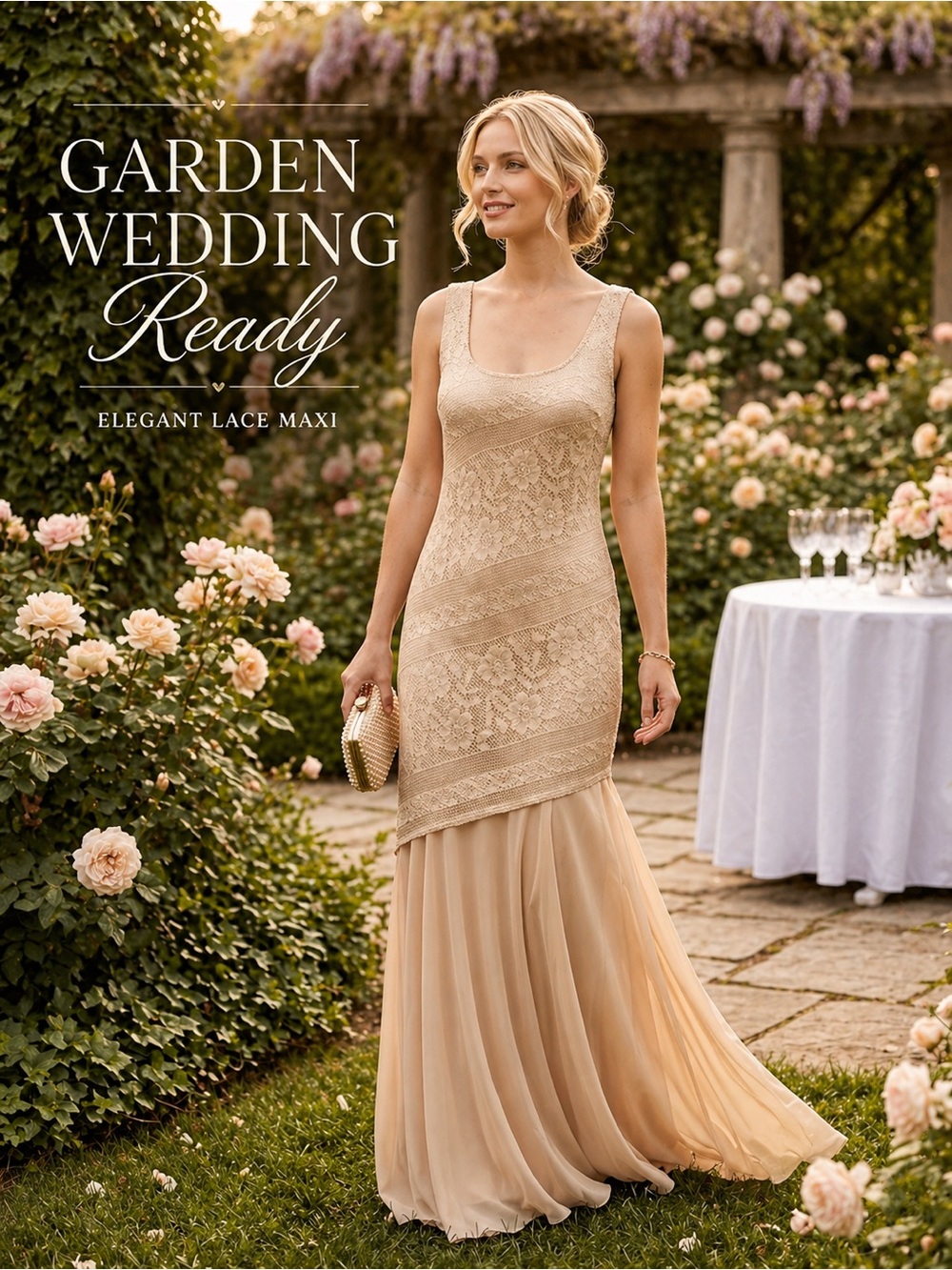 JS Collection Champagne/Beige Maxi Dress Elegant Formal Wedding Guest